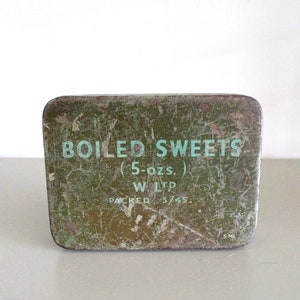 Boiled sweets 5-ozs ,W Ltd packed 3/45  ration tin ,British army , WW2,Boiled sweets WW2 army ration tin