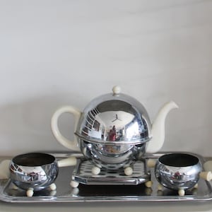 Ever Hot Teeservice, Art-Deco-Teeservice, Vintage Ever Hot-Teekanne, verchromte Art-Deco-Teekanne, Vintage Teeset