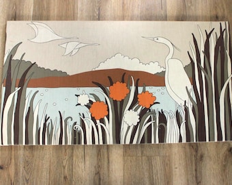 Original 70er Siebdruck Stoff Panel MCM, stilisierter Reiher in Feuchtgebiet, Original 70er Grafik Stoffwandkunst