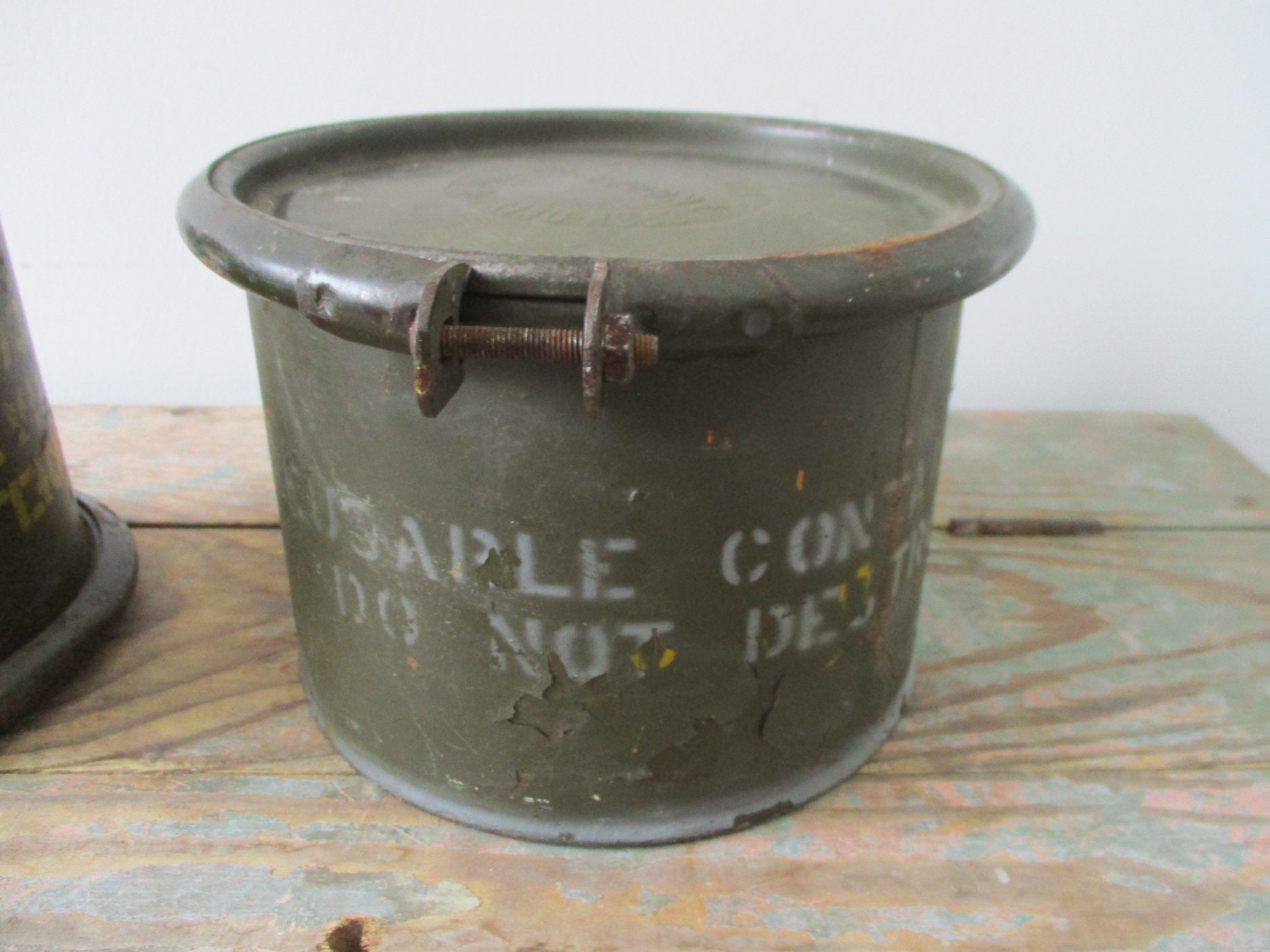 Tin Army 1950s Canisters , Reusable Containers Army Green