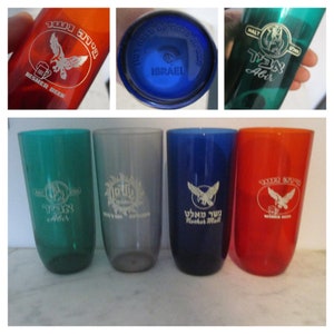 Set of 4 Plastic Juice Cups,Israeli beer advertising cups , vintage promotional cups ,Israeli plastic cups ,vintage barware &lt;Israeli vintage
