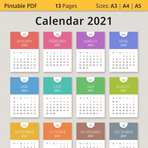Calendar 2021 Printable Pdf For A3 A4 A5 Etsy