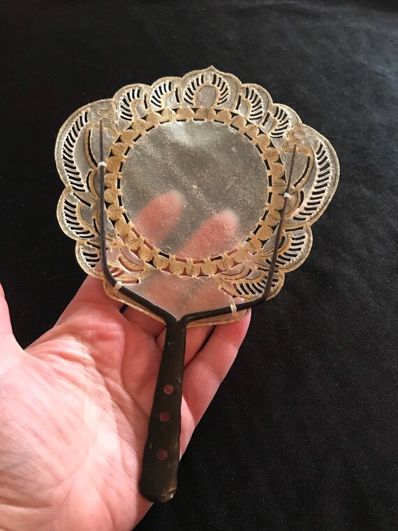 Antique Java hand held face fan, gold guild buffa… - image 8