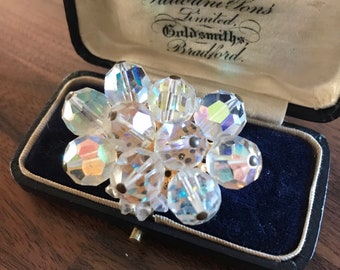 Vintage Austrian crystal glass bead brooch - aurora borealis bead