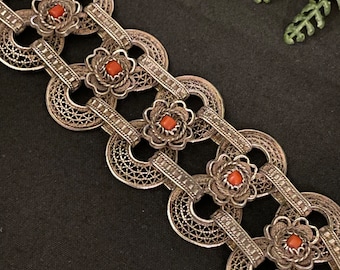 Vintage bracelet silver Etruscan coral filigree