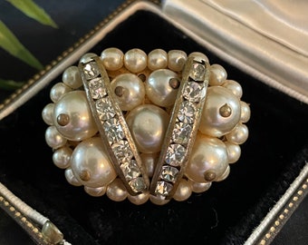 Vintage brooch faux pearls and channel set paste diamonds