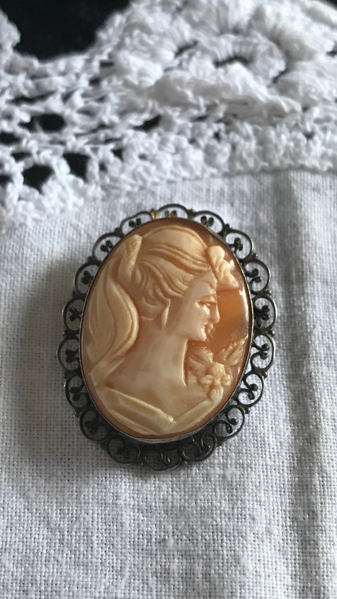 Broche Ancienne En Argent Massif Et Véritable Camée D'écume - Antiquité Bijou Vintage