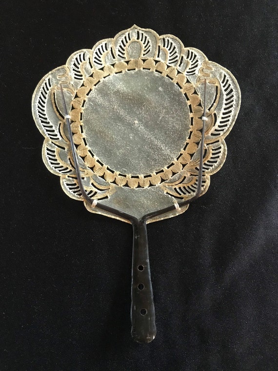 Antique Java hand held face fan, gold guild buffa… - image 5
