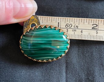 Broche Ancienne Florale En Cuivre Avec Cabochon En Verre Vert - Bijou Vintage