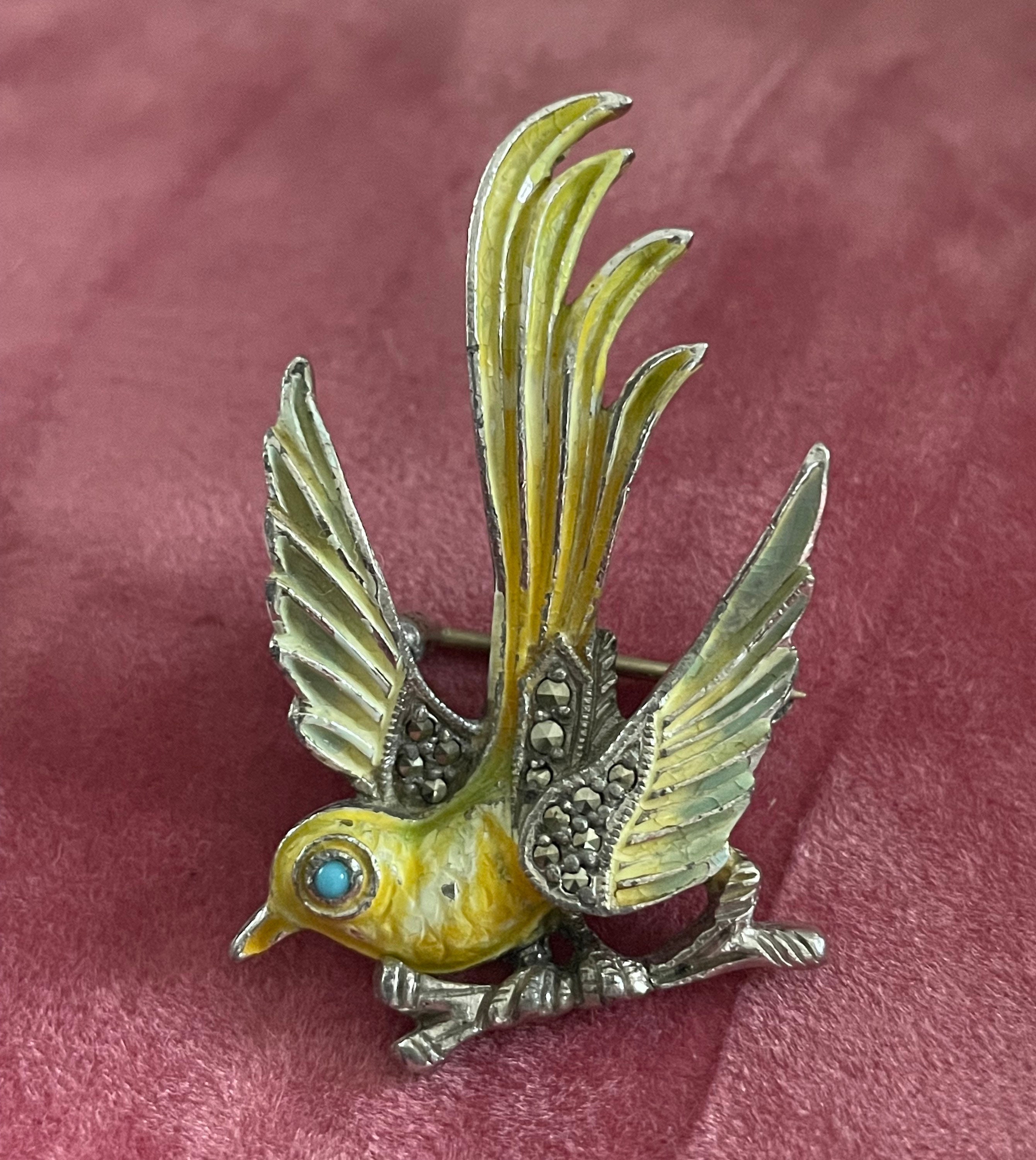 Broche Art Nouveau Vintage En Argent Et Marcassite - Oiseau Animalier Ancien