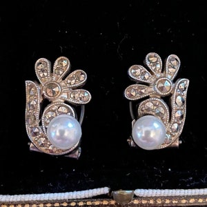 Vintage Markasite Ohrclips - Clip on , Kunstperle - um 1940
