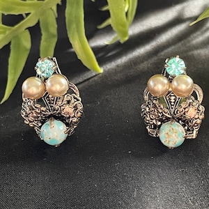 Vintage Czech clip earrings - Peking glass, faux pearl, paste topaz