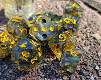 Handcrafted DnD Dice Set - Sharp Edge - Beeeees!! - 9 Piece Set + Bonus Crystal