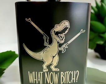 カスタムヒップフラスク | 刻印入りヒップフラスク | 面白いヒップフラスク | T-Rex | パーソナライズギフト | 面白いギフトアイデア | 男性へのギフト | 女性へのギフト
