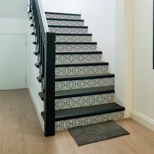 Stair Riser Decals Vinyl Strips Black and White Moroccan Tile Peel and stick Removable Stickers for Stairs Home Decor
