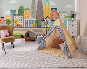 Colorful Cityscape Wall mural Peel and stick Removable Decal Wallpaper Decor Kids Room City Wall Art Mural