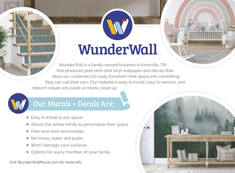 May include: WunderWall is a family-owned business in Knoxville, TN that produces peel-and-stick vinyl wallpaper and decals. The text "Our Murals + Decals Are:" is listed with bullet points describing the features of the product. The features include: easy to install in any space, allows the whole family to personalize their space, peel-and-stick removable, no messy water and paste, won't damage your surfaces, and options for every member of your family. The text "Visit WunderWallMural.com for more info." is at the bottom of the image.