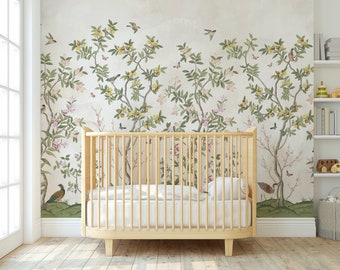 Watercolor Chinoiserie Floral mural Peel and stick Removable Decal Wallpaper Decor Bedroom Wall Art Mural Spring Trees