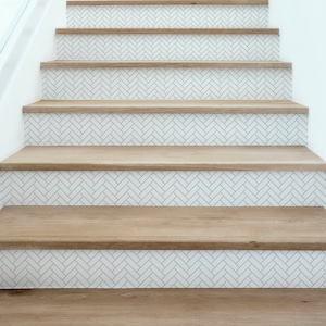 Herringbone Tile White Stair Riser Decals Vinyl Strips Minimalist Farmhouse Modern Peel and stick Removable stickers for Stairs Home Decor