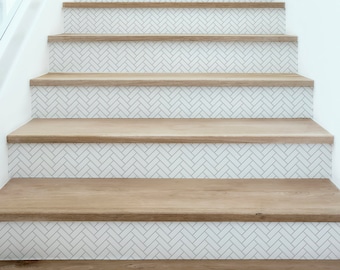 Herringbone Tile White Stair Riser Decals Vinyl Strips Minimalist Farmhouse Modern Peel and stick Removable stickers for Stairs Home Decor