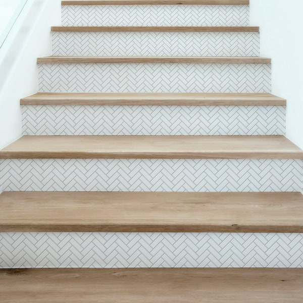 Herringbone Tile White Stair Riser Decals Vinyl Strips Minimalist Farmhouse Modern Peel and stick Removable stickers for Stairs Home Decor