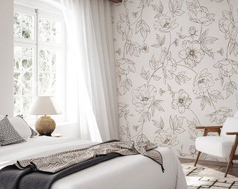 Peony Outline Floral Wall mural Peel and stick Removable Decal Wallpaper Decor Bedroom Wall Art Mural Florals Peonies