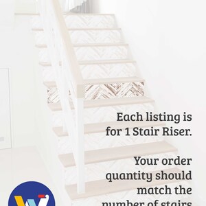 May include: A set of white wooden stair risers with a herringbone pattern. Each listing is for one stair riser. Your order quantity should match the number of stairs you have.