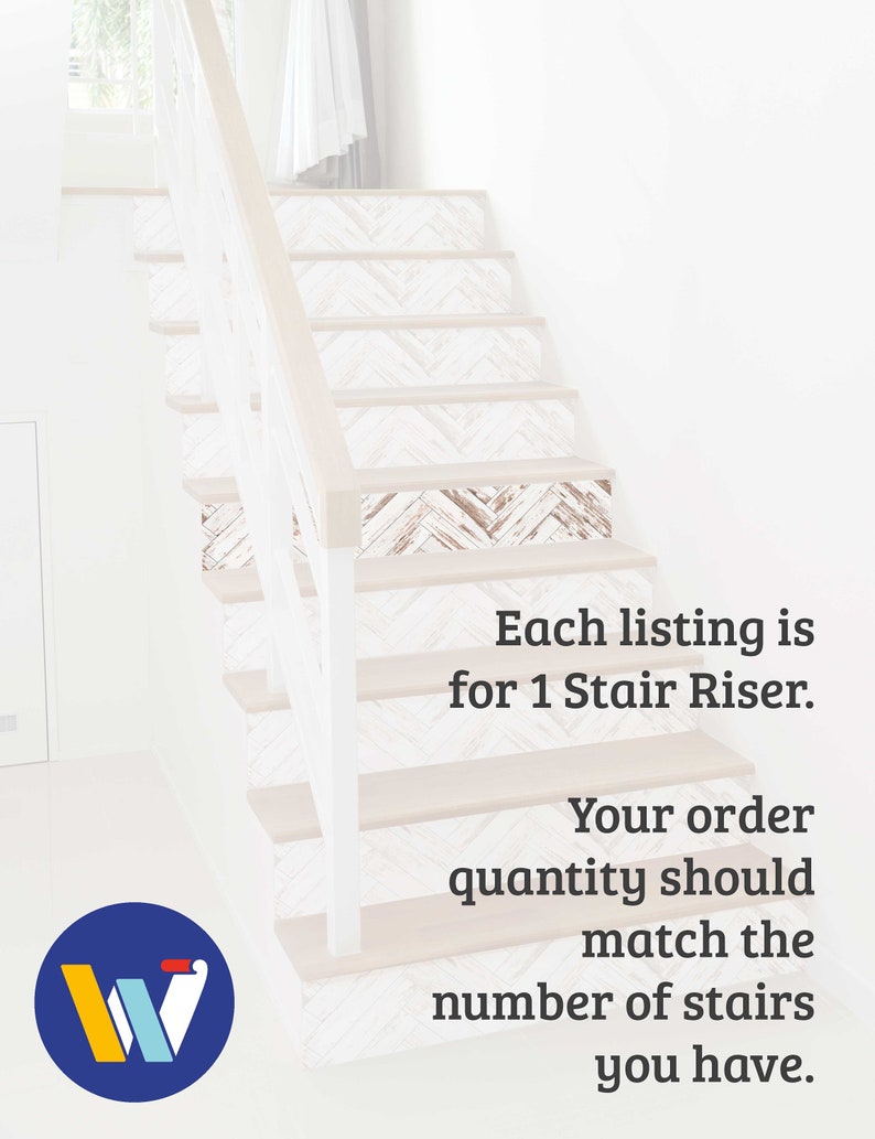 May include: A set of white wooden stair risers with a herringbone pattern. Each listing is for one stair riser. Your order quantity should match the number of stairs you have.