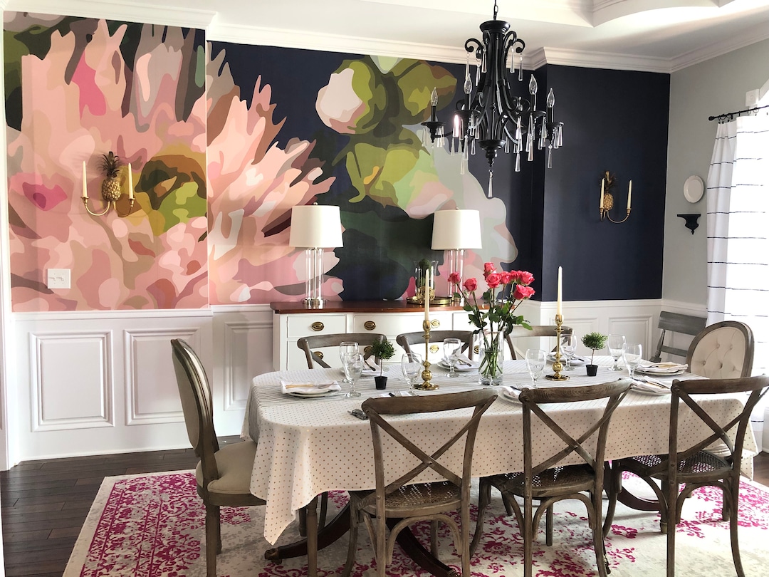 Floral Navy and Pink Wall Mural Peel and Stick Removable Decal