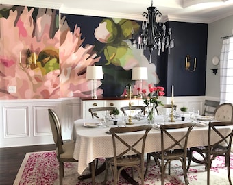 Floral Navy and Pink Wall mural Peel and stick Removable Decal Wallpaper Decor Dining Room Floral Wall Art Mural