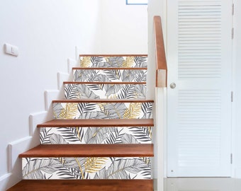 Golden Tropical Stair Riser Decals Vinyl Strips Minimalist White Gold Modern Peel and stick Removable stickers for Stairs Home Decor