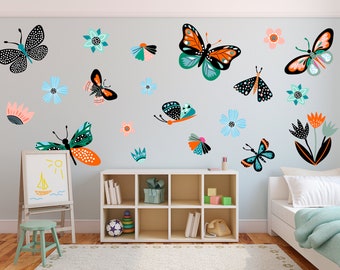 Wall Decal Set Peel and stick Vinyl Butterflies Insects Kids Room Removable Butterfly Illustration Wall sticker Wall Art