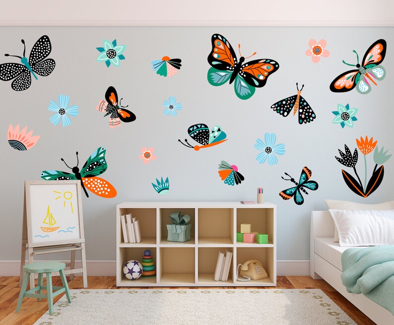 Wall Decal Set Peel and Stick Vinyl Butterflies Insects Kids Room ...