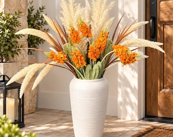 DIY Fall Artificial Flower Bouquet Kit-Pampas Grass Floral Arrangement Autumn Orange Hyacinth Fake Flowers Faux Reed Grass Porch Patio Decor