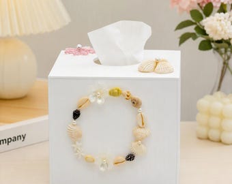 DIY kits XOXO Handmade Seashell Tissue Box Cover, Square Decorative Tissue Holder, Tissue Box  for Bathroom Bedroom Living Room Home Decor