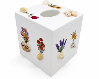 Decorative Square Tissue Box Cover, 3D Seashell & Floral Print - Tissue Box for Bathroom Bedroom Living Room Tabletop Home Decor