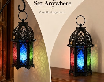 Gothic Lamp Moroccan Stained‑Glass Rechargeable Lantern Lamp -Steampunk Lamp Bedroom Dresser Home Decor-Glass Colored  Retro Wall Lamp