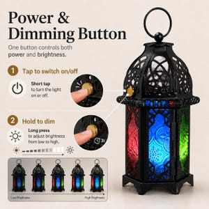 May include: A black metal lantern with a top ring and colorful red, blue, and green glass panels featuring embossed patterns. Text includes Power & Dimming Button, One button controls both power and brightness, Tap to switch on/off, and Hold to dim.