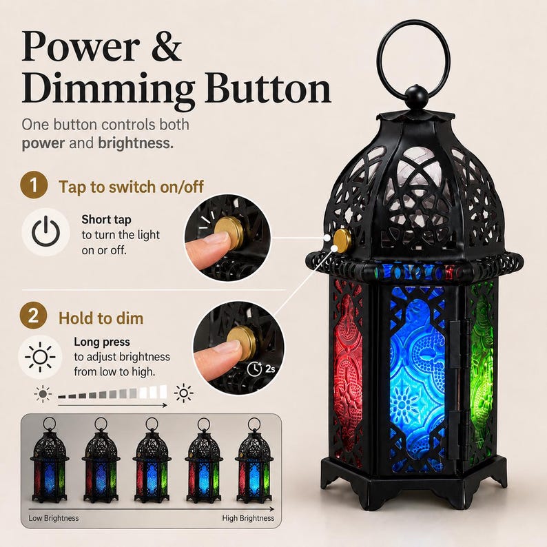 May include: A black metal lantern with a top ring and colorful red, blue, and green glass panels featuring embossed patterns. Text includes Power & Dimming Button, One button controls both power and brightness, Tap to switch on/off, and Hold to dim.