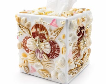 Seashell Tissue Box Cover Handmade  Coastal Nautical Beach House Decor Luxury Shell Art Holder Unique Housewarming Gift