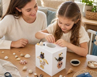 DIY kit Handmade Seashell Character Tissue Box Cover, Square Decorative Cube Tissue Holder Shell Art Kids Room Home Decor Christmas Gift