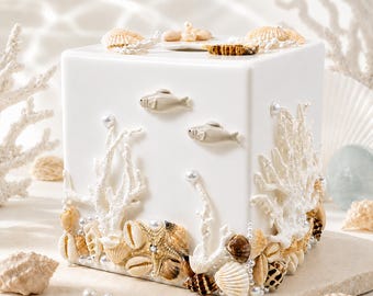 Tissue Box Cover, Tissue Holder with Real Seashells- Fish & Coral Ornament, Square Tissue Box for Bathroom Bedroom, Beach House Decor Gift