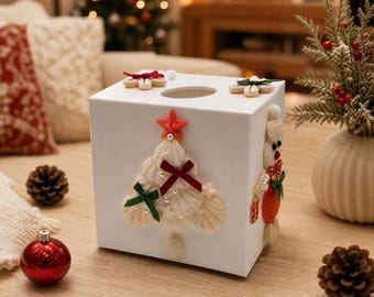 DIY kits Handmade Christmas Seashell Tissue Box Cover, Square Decorative Tissue Holder for Holiday Home Decor-Personalized gifts