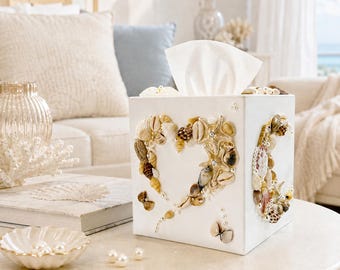 Handcrafted Seashell Tissue Box Cover, Pearl Decor Square Tissue Holder,  Coastal Nautical Tissue Box for Bathroom Bedroom Tabletop