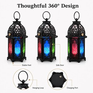 May include: Three black metal lanterns with red, blue, and green glass panels featuring intricate patterns. The text reads Thoughtful 360&deg; Design, Stable Feet, Side Door, Hanging Loop, and Charging Port. Each lantern has a top ring and base.