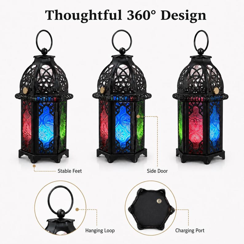 May include: Three black metal lanterns with red, blue, and green glass panels featuring intricate patterns. The text reads Thoughtful 360&deg; Design, Stable Feet, Side Door, Hanging Loop, and Charging Port. Each lantern has a top ring and base.