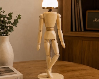 Mushroom Lamp Puppet Table Lamp - Kids Room Decorative Lights- Wooden Mannequin Table Lamp-Night Light for Home Decor- Unique Art Gift