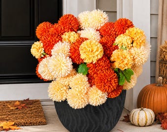 DIY Fall Artificial Flower Bouquet Kit- Chrysanthemum Flowers- Fake Autumn Ball Mum Bouquets Porch Entryway Table Home Thanksgiving Decor