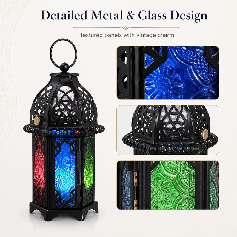 May include: A black metal lantern featuring a circular top handle and six-sided frame with textured glass panels in red, blue, and green. The lantern includes intricate cut-out patterns on the metal dome and a hinged door with a small latch.