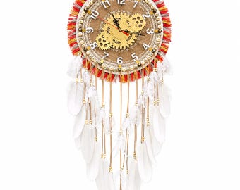 Wall Clock Boho Dreamcatcher Large Decorative Feather Silent Non‑Ticking Quartz Clock with Vintage Gear Handmade Wall Decor for Living Room
